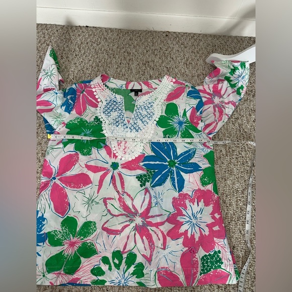 Talbots Pink and Green Graphic Blouse with Mandarin Collar size M - Picture 7 of 9